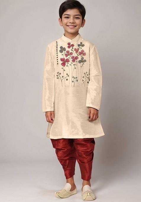 Beige Printed Blended Kurta Dhoti Set For Boys — view on Indya