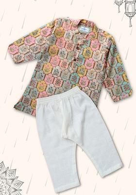 Green Printed Cotton Kurta Set For Boys