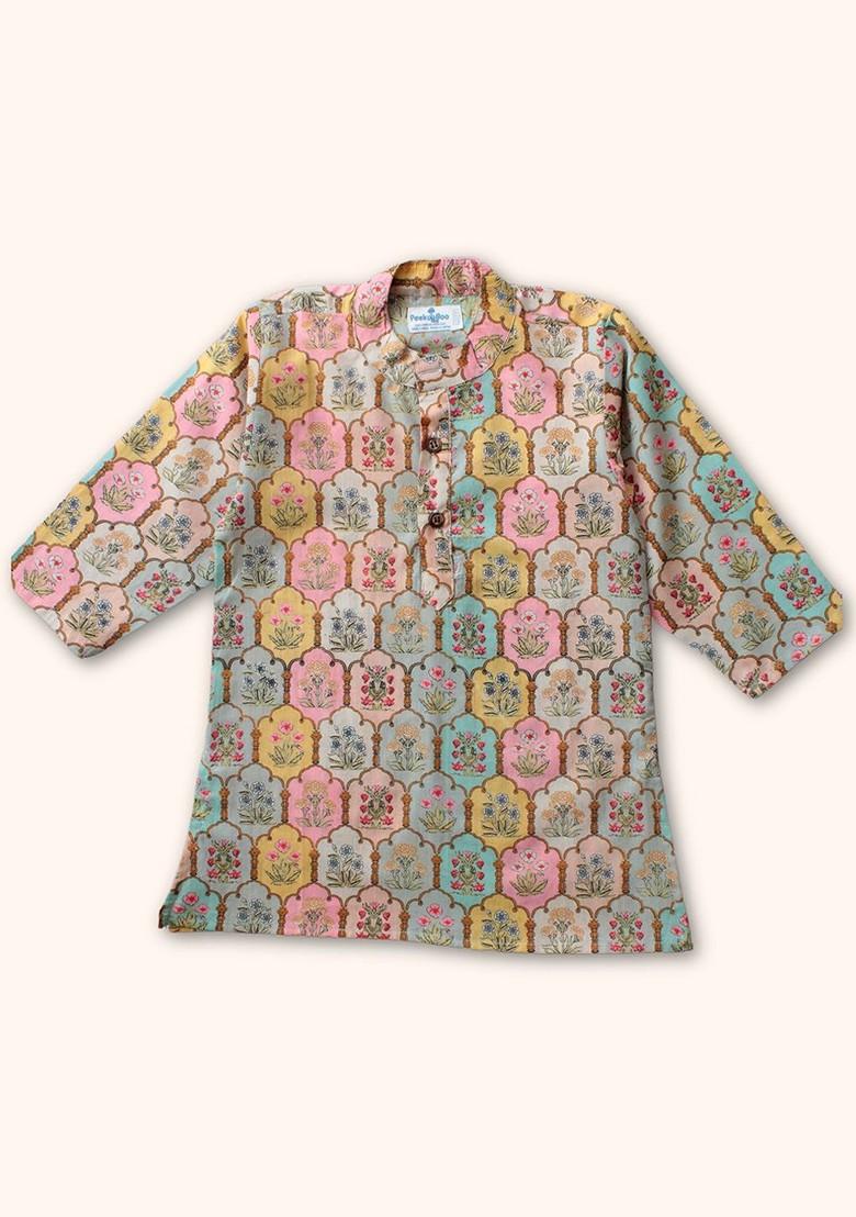 Green Printed Cotton Kurta Set For Boys - Indya