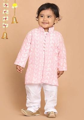 Pink Embroidered Cotton Kurta Set For Boys