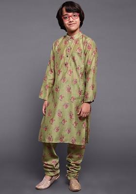 Green Printed Silk Kurta Set For Boys