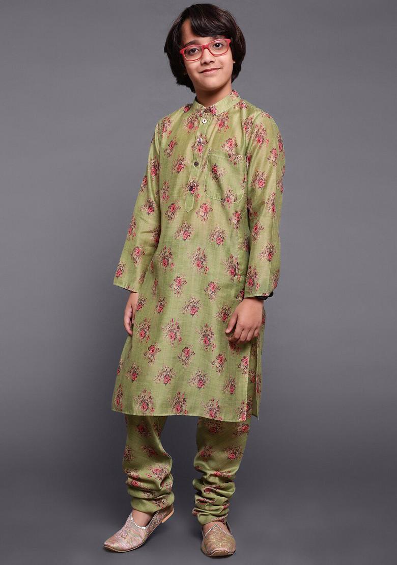 Green Printed Silk Kurta Set For Boys - Indya