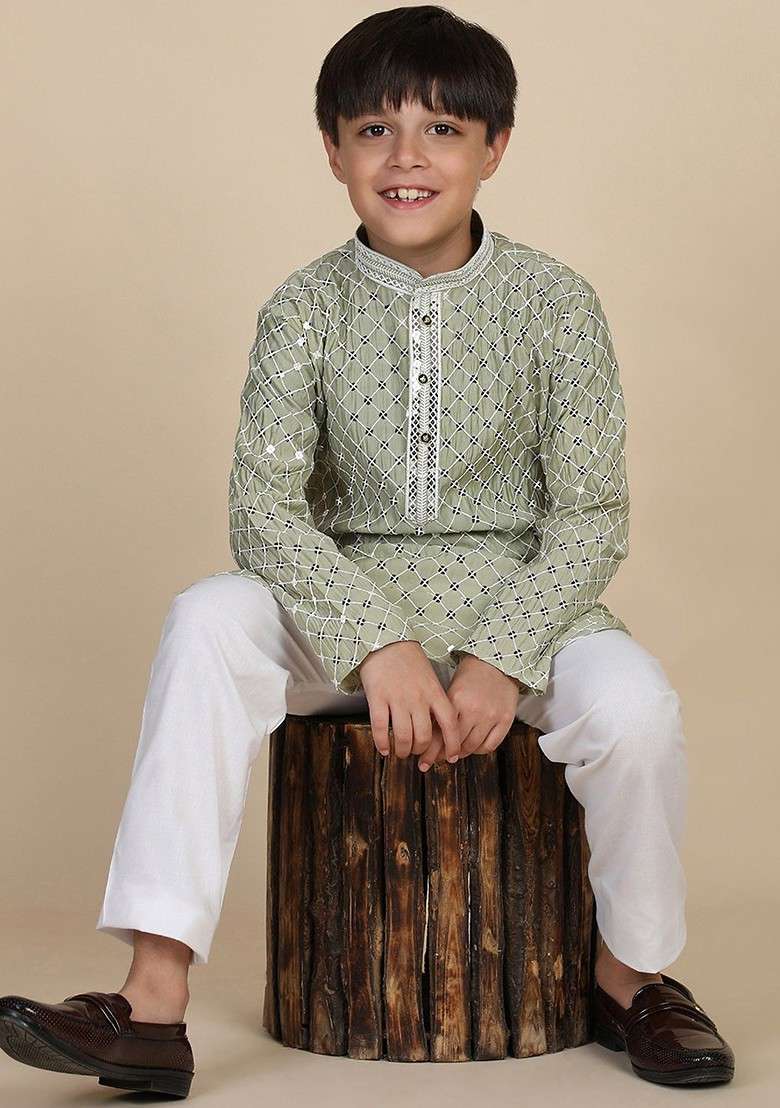 Green Embroidered Blended Kurta Set For Boys - Indya