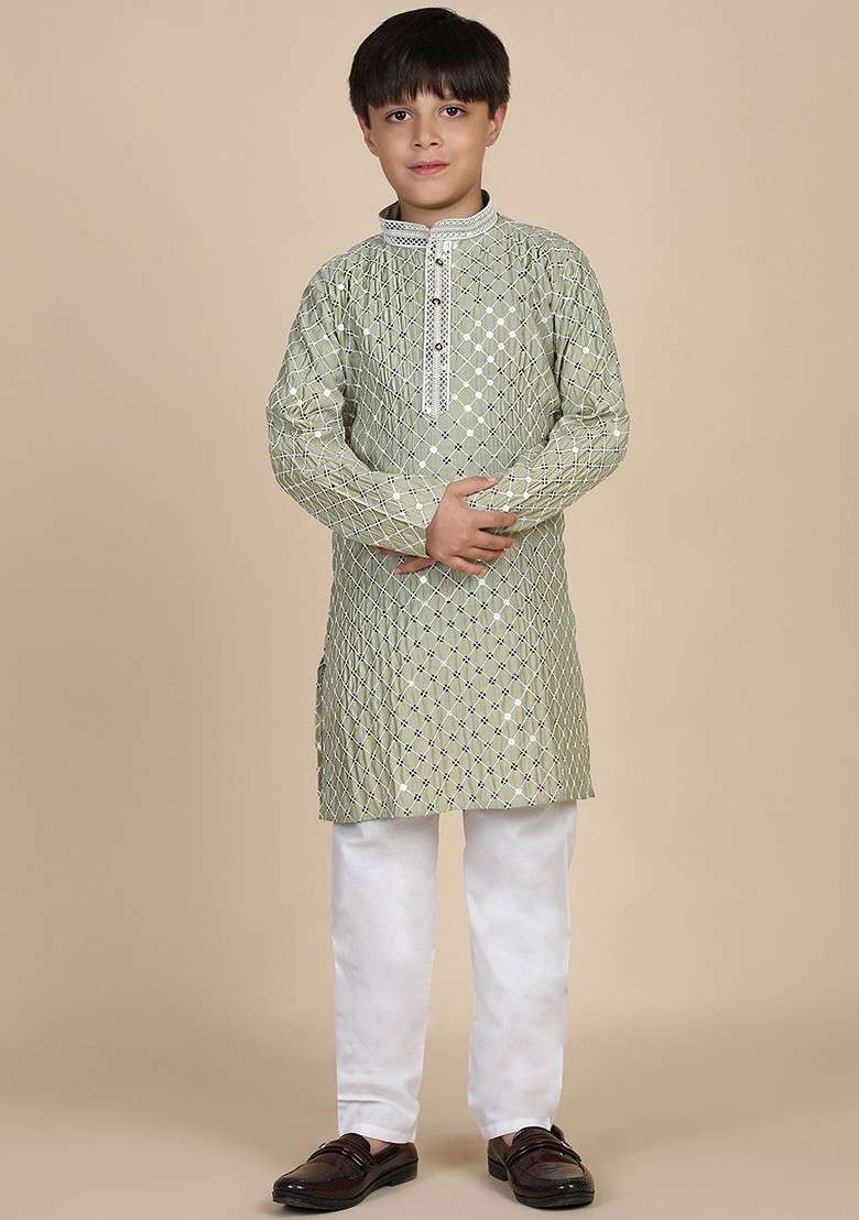 Green Embroidered Blended Kurta Set For Boys - Indya