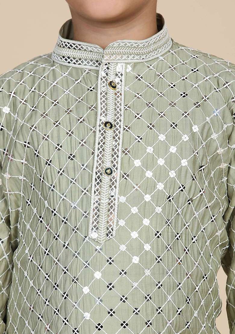 Green Embroidered Blended Kurta Set For Boys - Indya