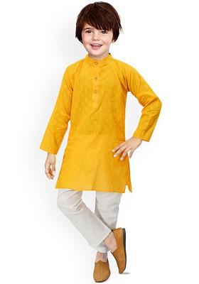 Yellow Embroidered Cotton Kurta Set For Boys