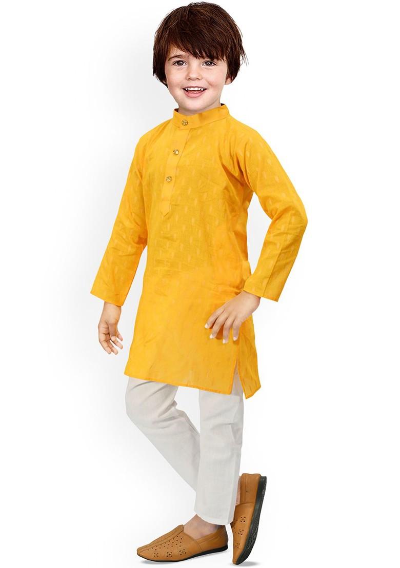 Yellow Embroidered Cotton Kurta Set For Boys - Indya