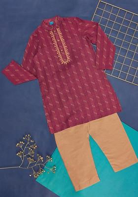 Red Woven Design Cotton Kurta Set For Boys