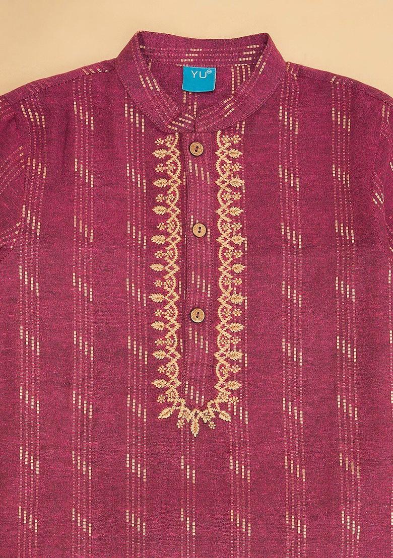 Red Woven Design Cotton Kurta Set For Boys - Indya