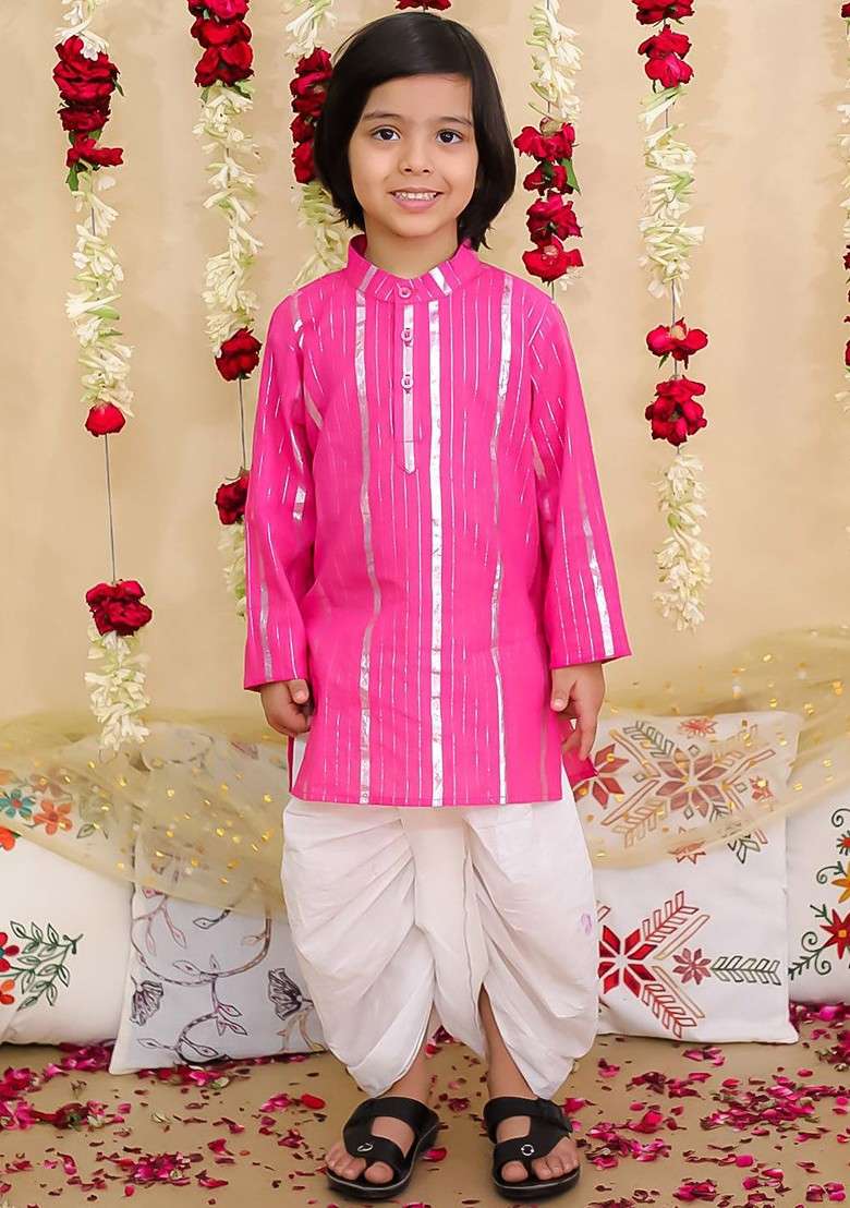 Pink Striped Blended Kurta Set For Boys - Indya