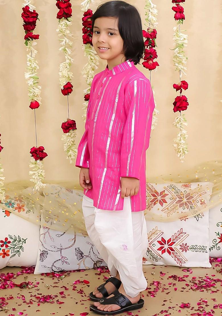 Pink Striped Blended Kurta Set For Boys - Indya