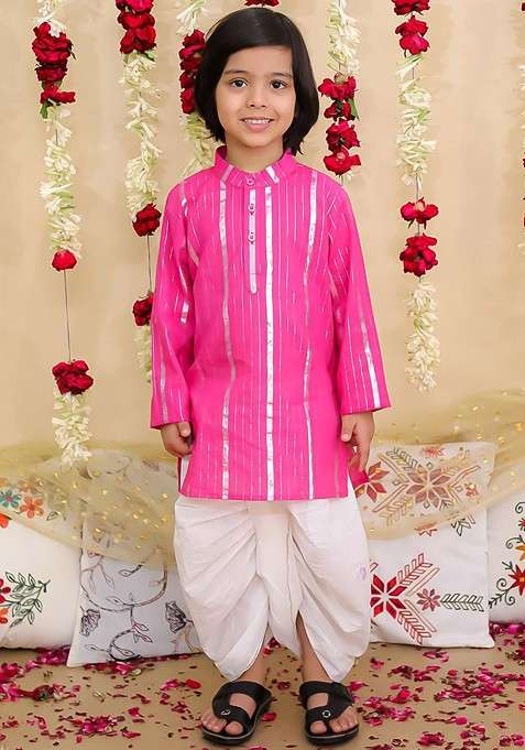 Pink Striped Blended Kurta Set For Boys