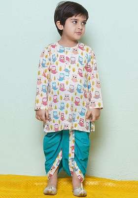 Teal Printed Cotton Kurta Dhoti Set For Boys