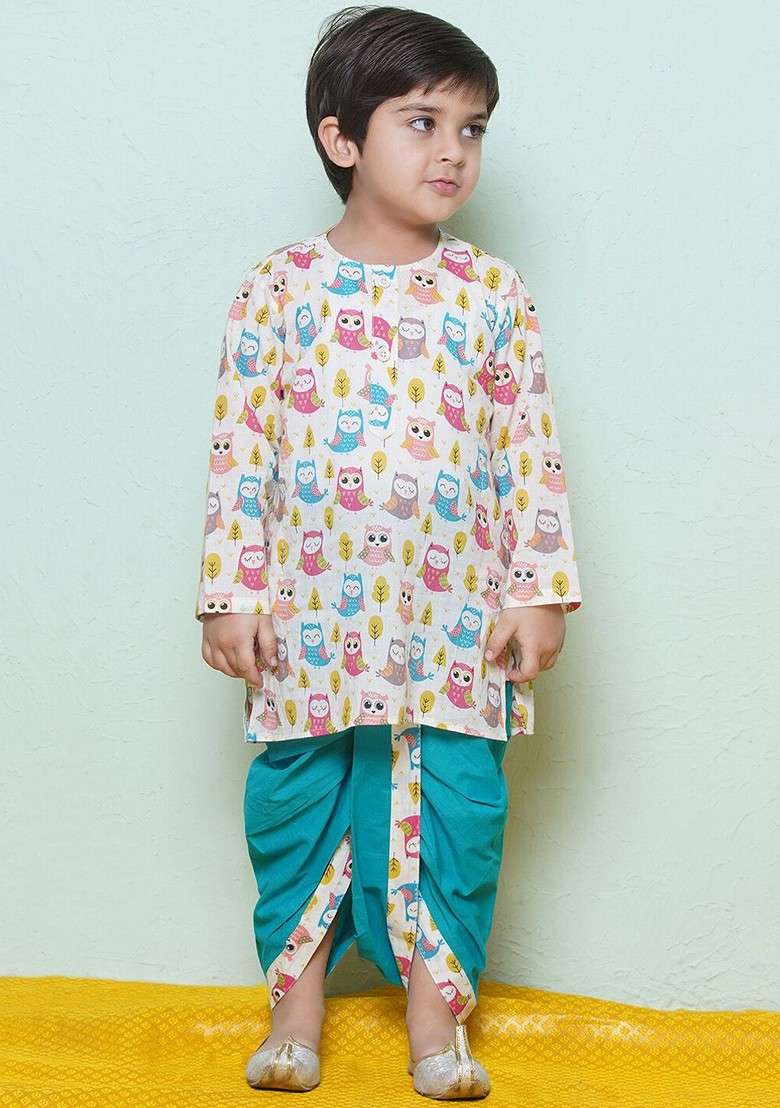 Teal Printed Cotton Kurta Dhoti Set For Boys - Indya