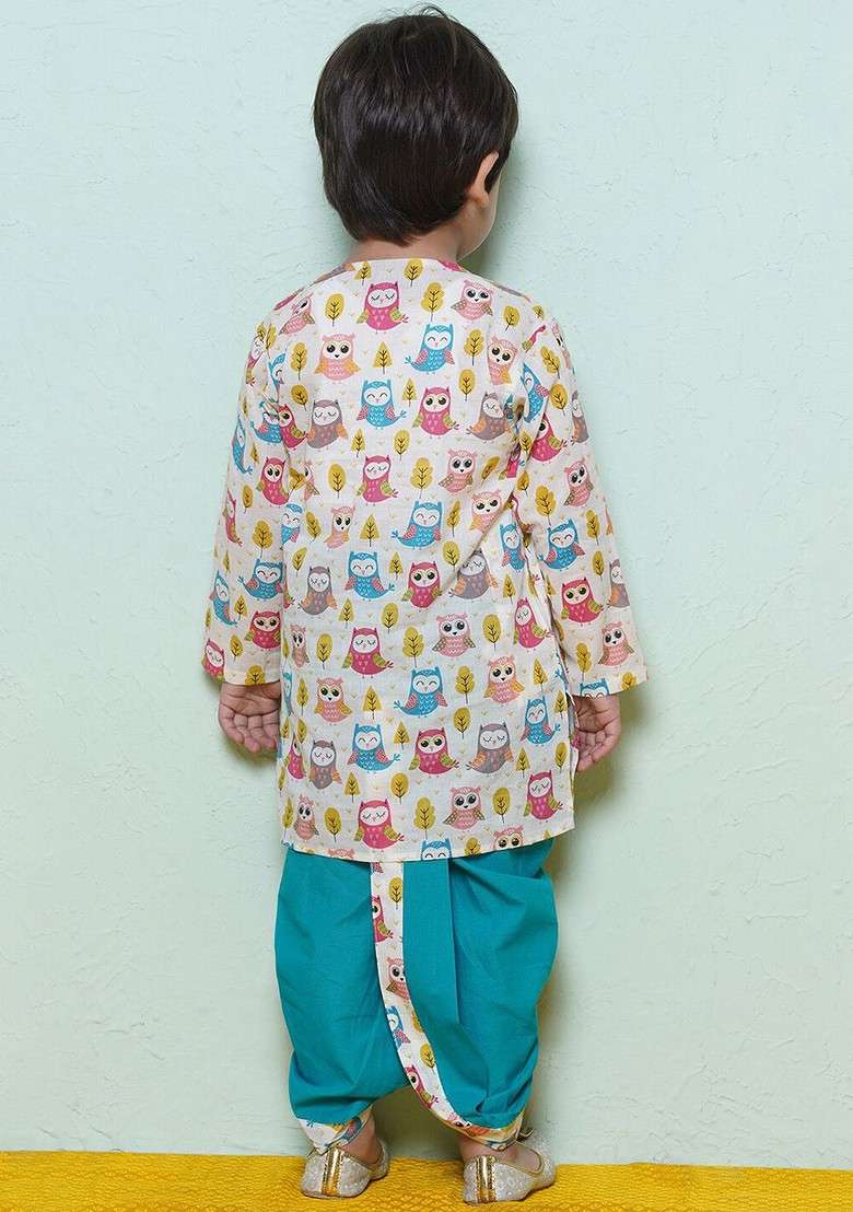 Teal Printed Cotton Kurta Dhoti Set For Boys - Indya