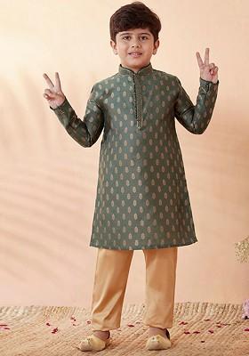 Green Printed Blended Kurta Set For Boys