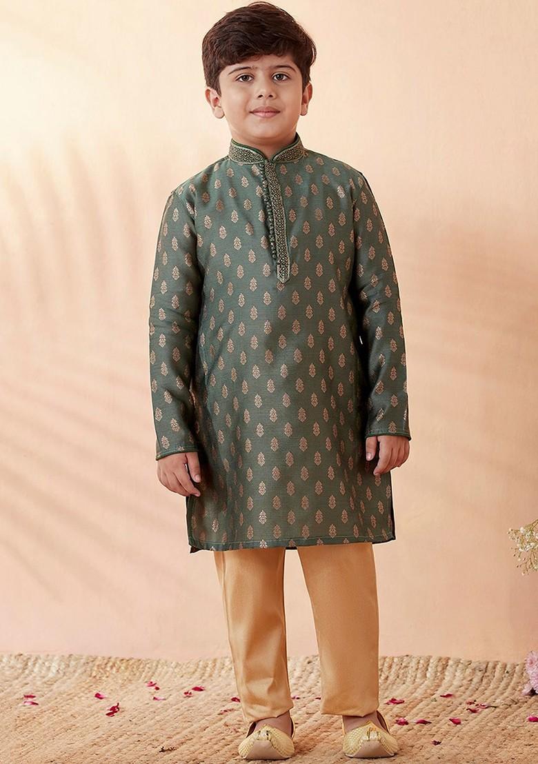 Green Printed Blended Kurta Set For Boys - Indya