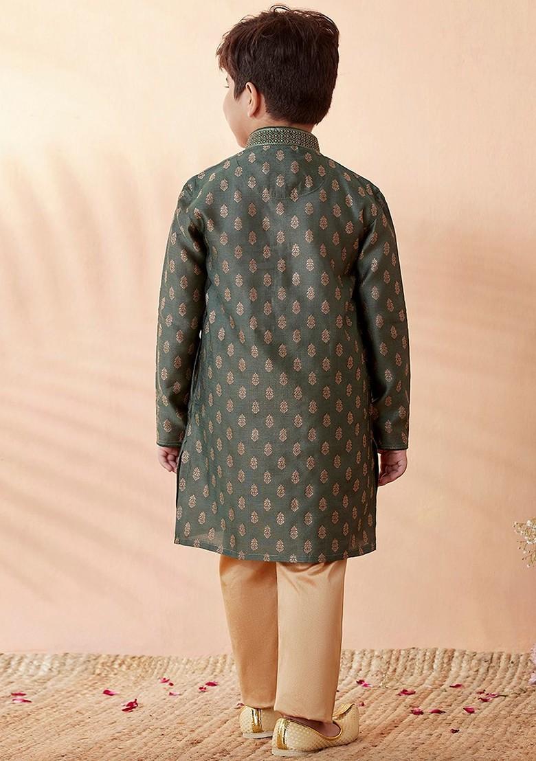Green Printed Blended Kurta Set For Boys - Indya