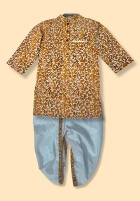 Gold Printed Cotton Kurta Dhoti Set For Boys