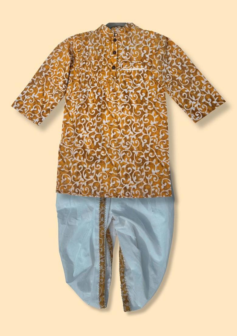 Gold Printed Cotton Kurta Dhoti Set For Boys - Indya