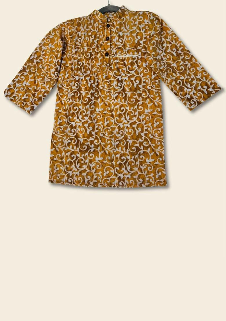 Gold Printed Cotton Kurta Dhoti Set For Boys - Indya