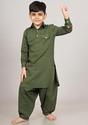 Green Embroidered Cotton Kurta Set For Boys