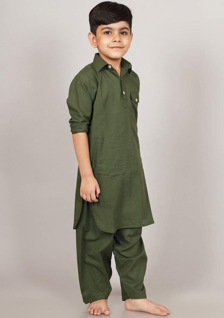 Green Embroidered Cotton Kurta Set For Boys - Indya
