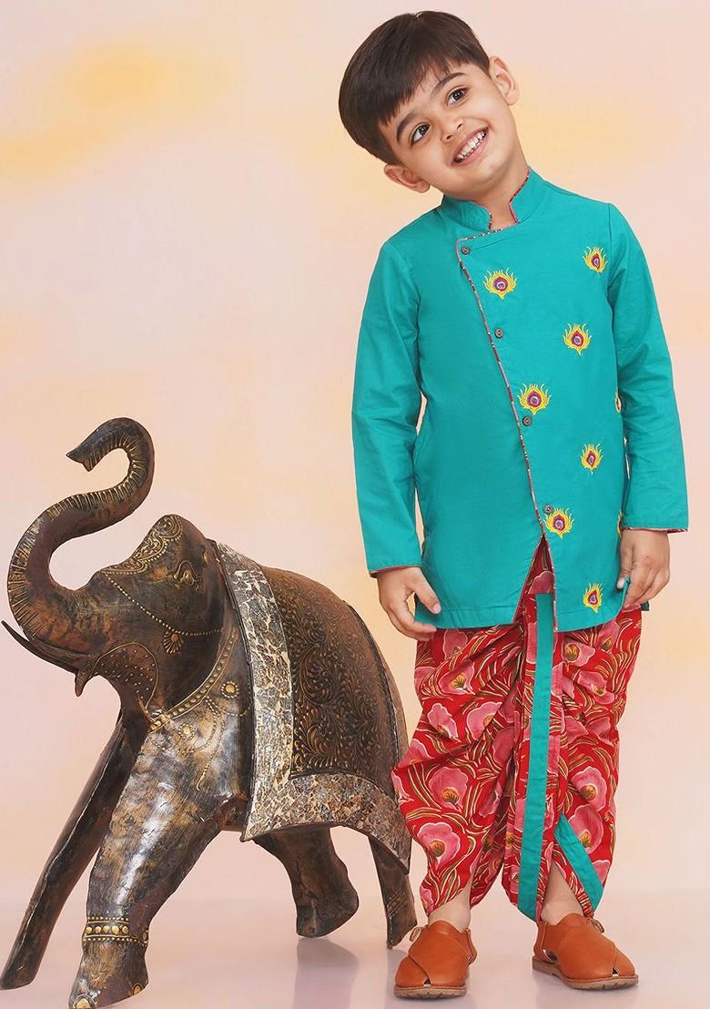 Blue Embroidered Cotton Kurta Dhoti Set For Boys - Indya