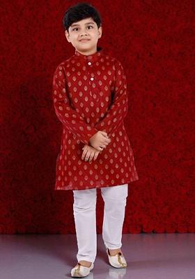 Maroon Printed Blended Kurta Set For Boys
