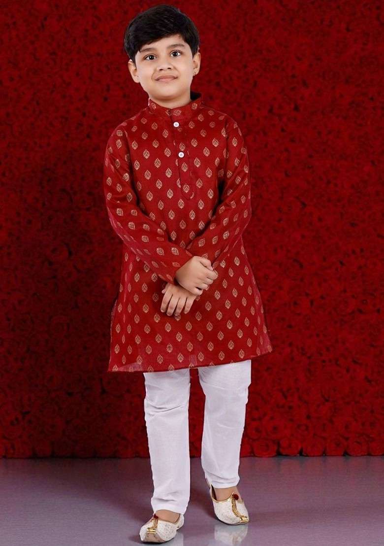 Maroon Printed Blended Kurta Set For Boys - Indya