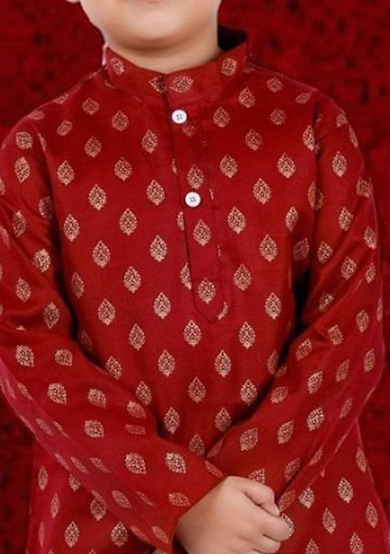 Maroon Printed Blended Kurta Set For Boys - Indya