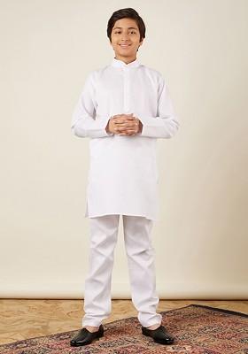 White Embroidered Cotton Kurta Set For Boys