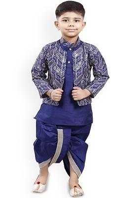 Navy Blue Sequinned Blended Nehru Jacket Set For Boys