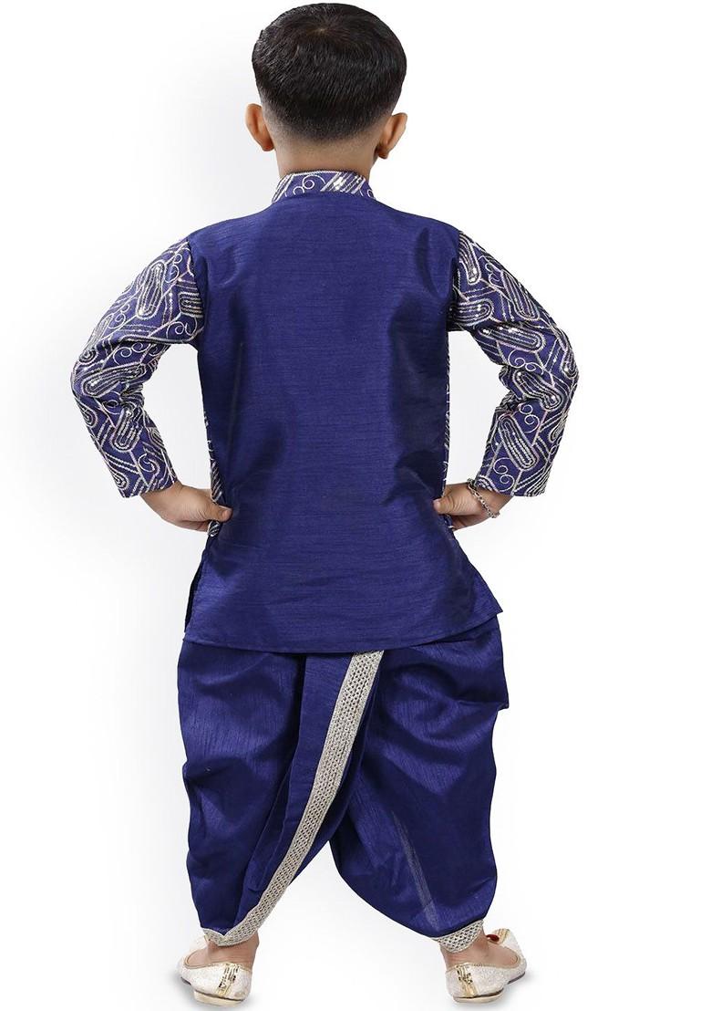 Navy Blue Sequinned Blended Nehru Jacket Set For Boys - Indya