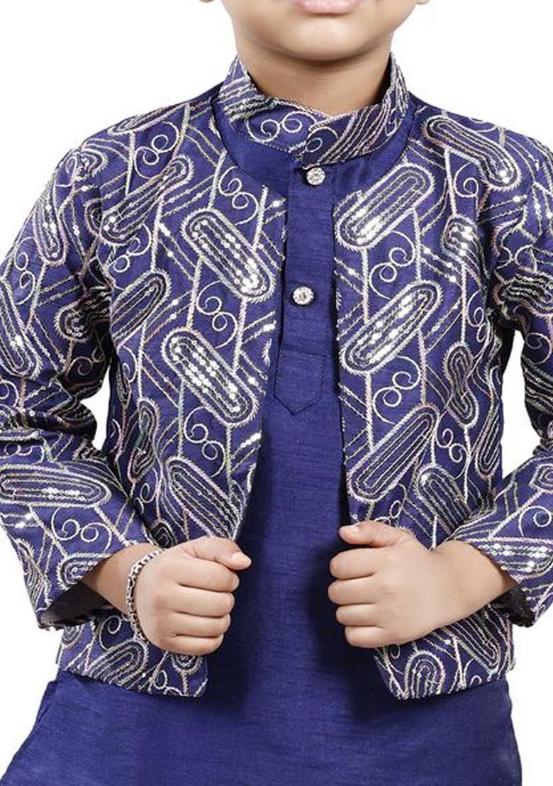 Navy Blue Sequinned Blended Nehru Jacket Set For Boys - Indya