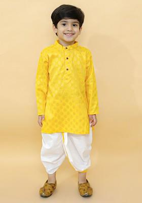 Yellow Printed Blended Kurta Dhoti Set For Boys