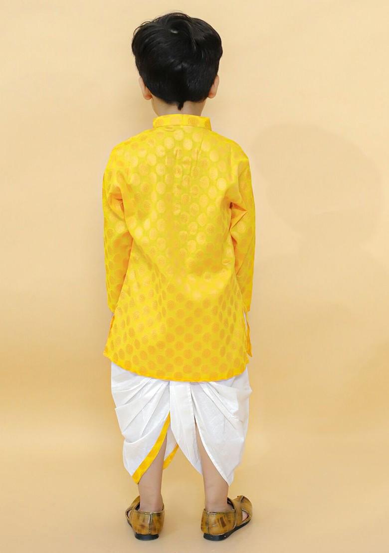 Yellow Printed Blended Kurta Dhoti Set For Boys - Indya