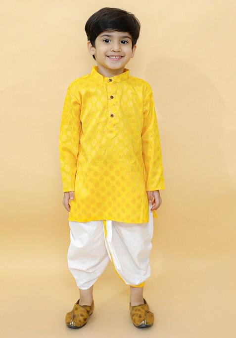 Yellow Printed Blended Kurta Dhoti Set For Boys — view on Indya
