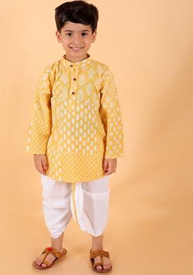 Yellow Printed Cotton Kurta Dhoti Set For Boys