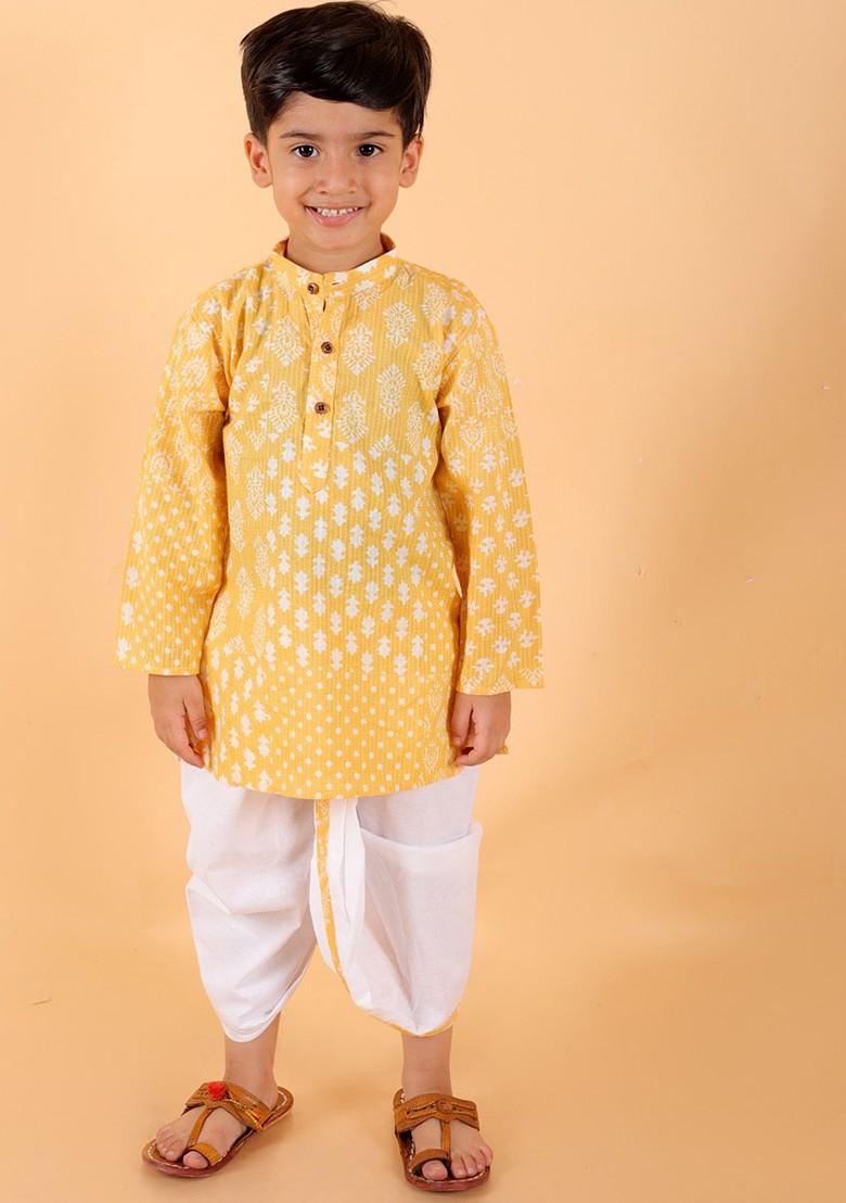 Yellow Printed Cotton Kurta Dhoti Set For Boys - Indya