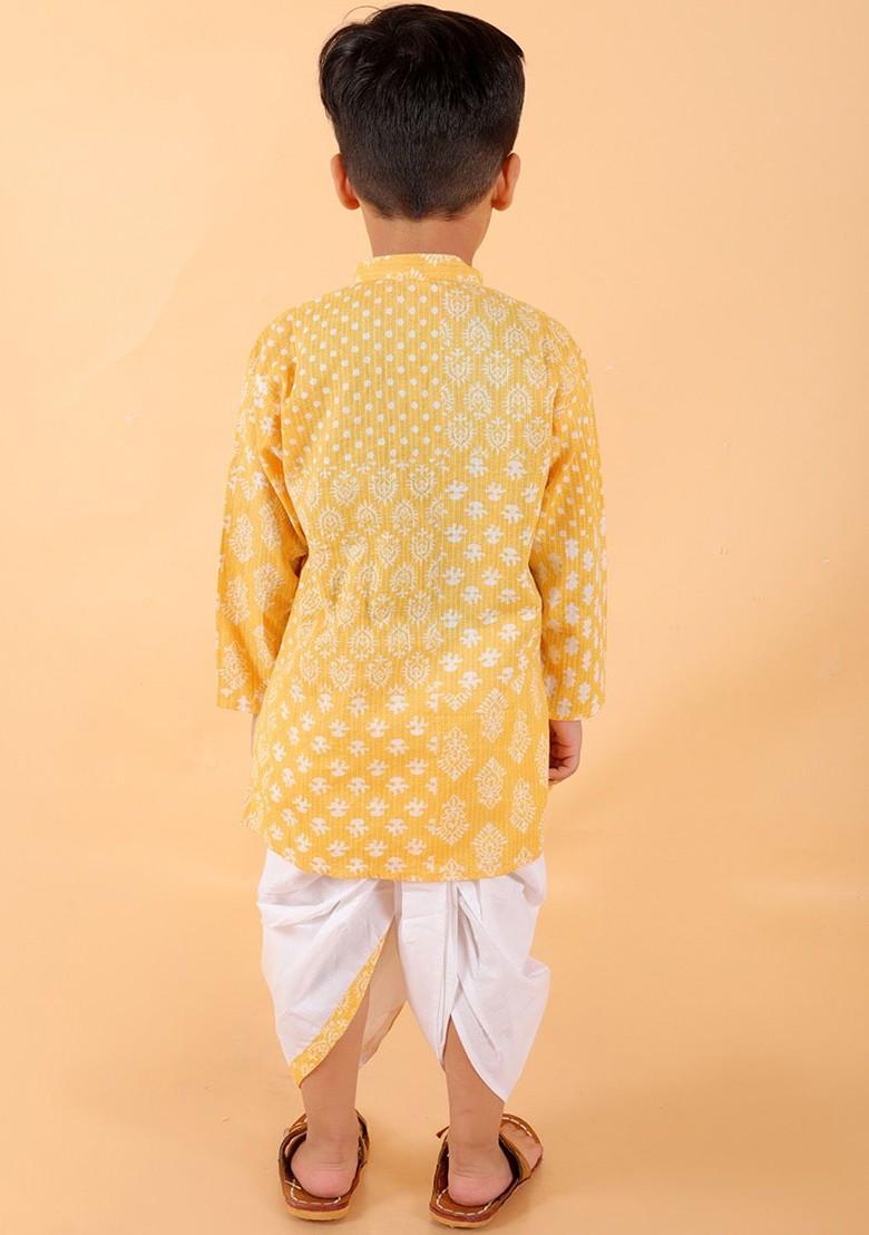 Yellow Printed Cotton Kurta Dhoti Set For Boys - Indya