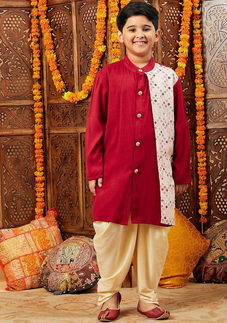 Maroon Printed Blended Kurta Dhoti Set For Boys - Indya