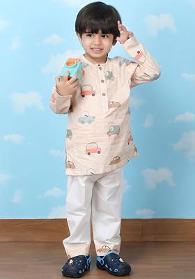 Brown Printed Cotton Kurta Set For Boys