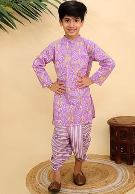 Purple Printed Cotton Kurta Dhoti Set For Boys