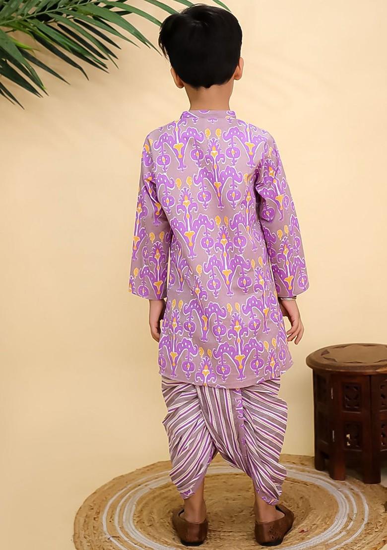 Purple Printed Cotton Kurta Dhoti Set For Boys - Indya