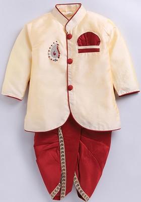 Cream Embroidered Blended Kurta Set For Boys