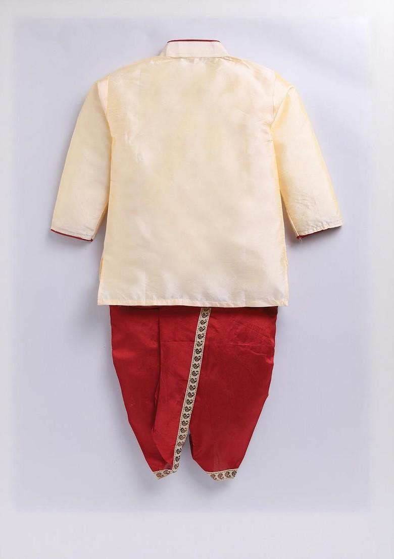 Cream Embroidered Blended Kurta Set For Boys - Indya