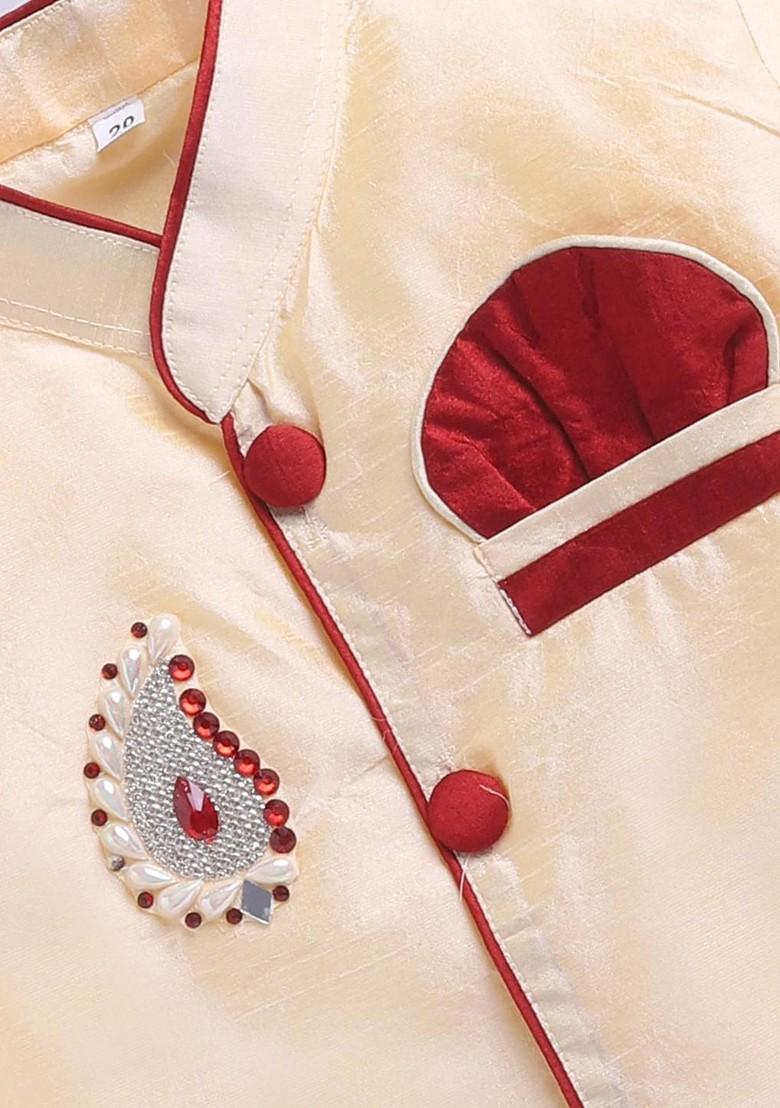 Cream Embroidered Blended Kurta Set For Boys - Indya