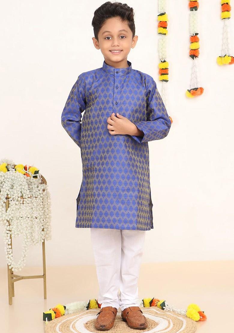 Blue Woven Design Blended Kurta Set For Boys - Indya