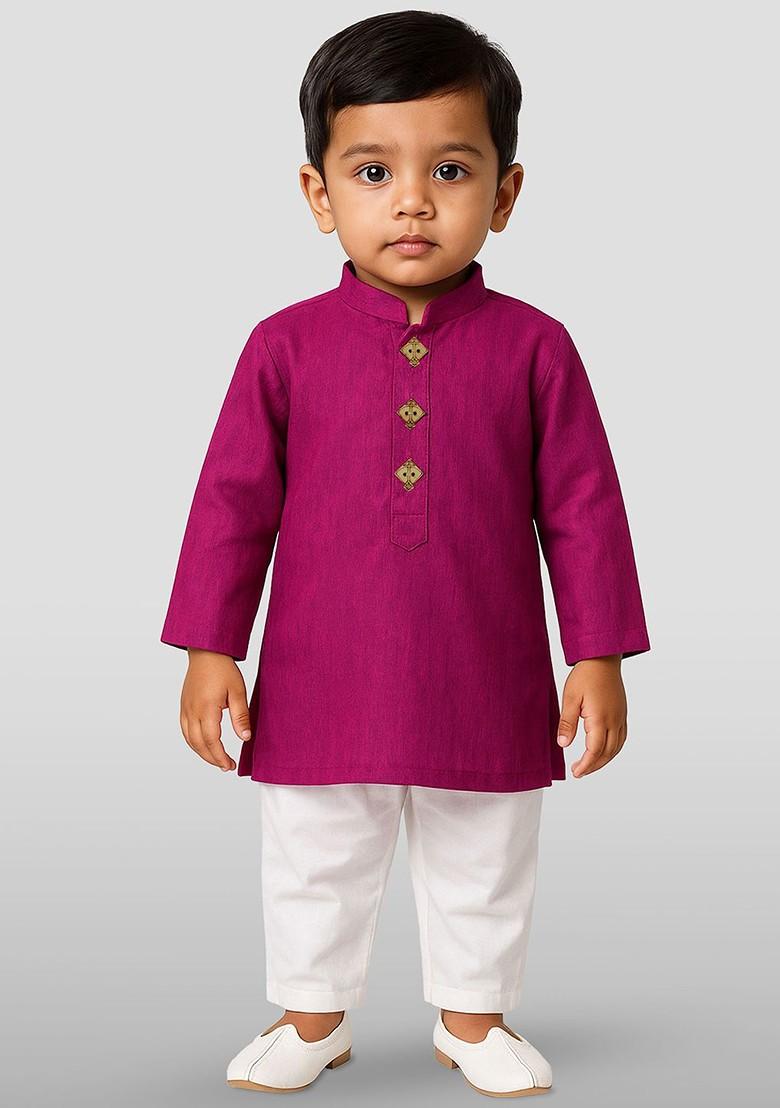 Purple Solid Cotton Kurta Set For Boys - Indya